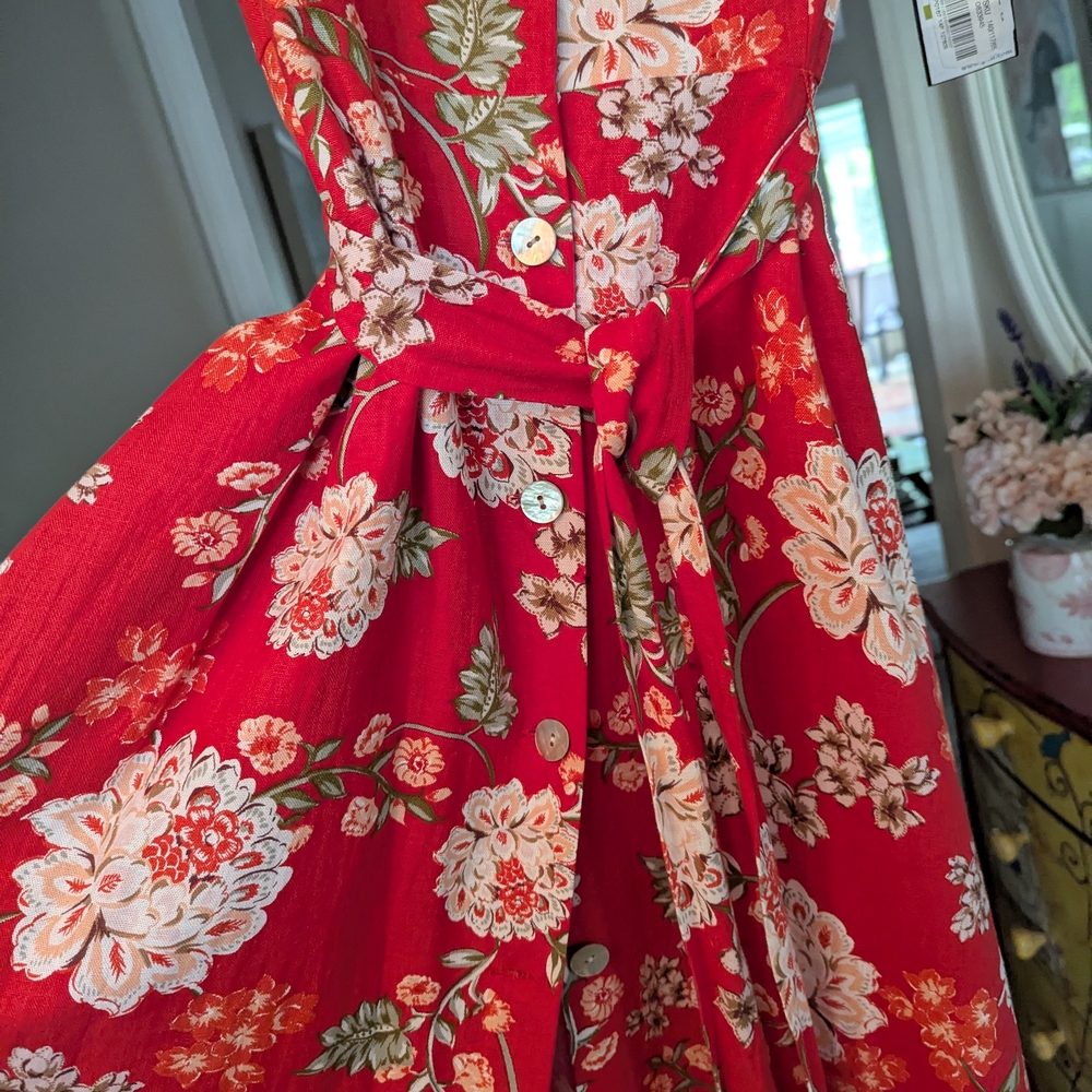 Floral Red Dress with Button Details